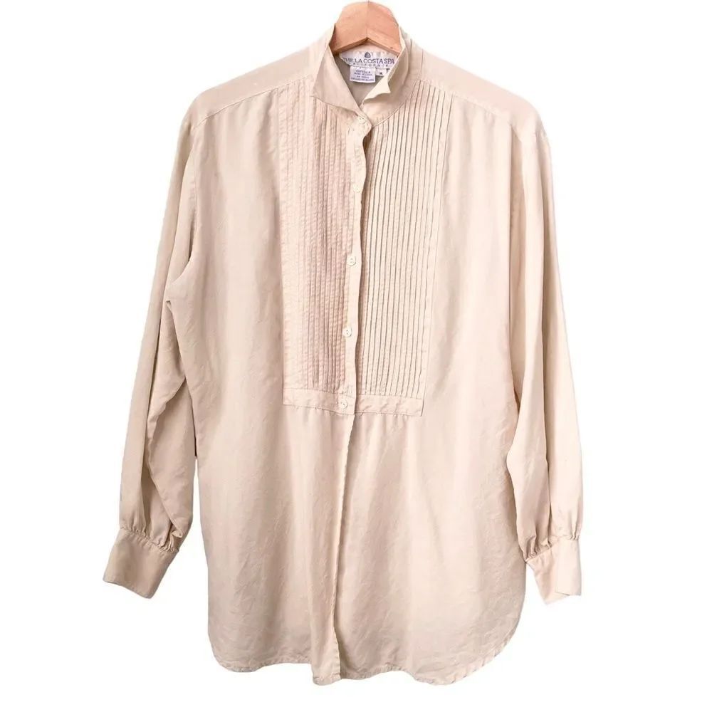 Vintage The La Costa Spa California 100% Silk Front Button Long Sleeve Top in M